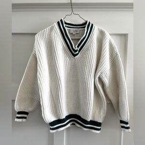 Free Assembly cable knit varsity sweater, white with green stripes, size S